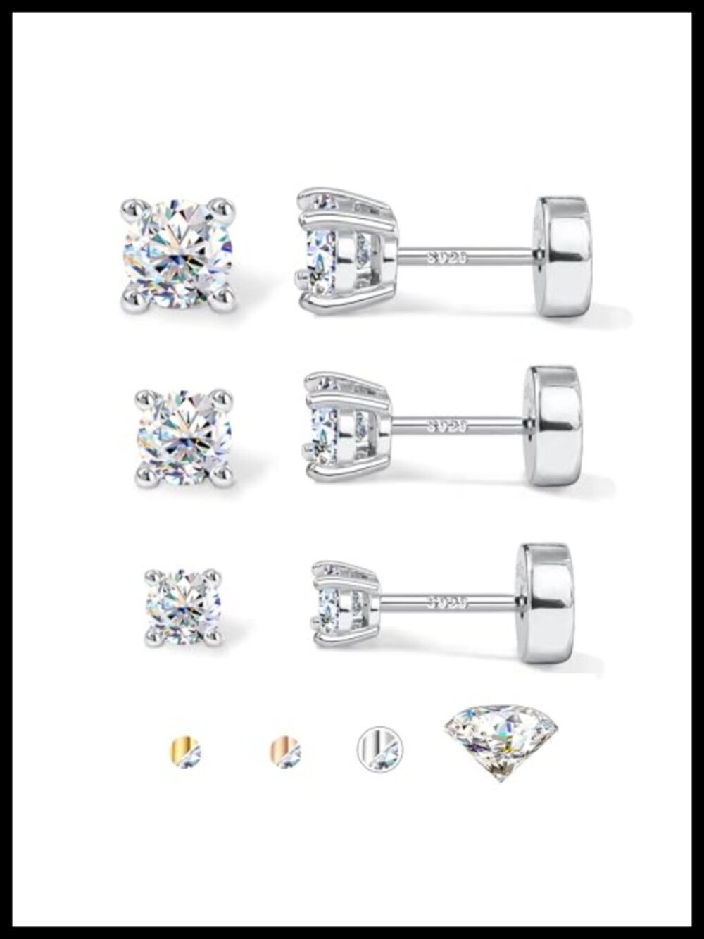 Moissanite Flat Back Stud Earrings 925 Sterling Silver 14k White Gold Plated